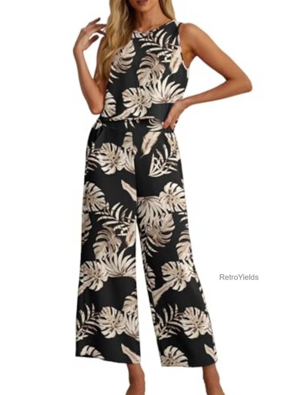 Women's Summer 2-Piece Outfit Set Sleeveless Crop Top Wide Leg Pants Jumpsuit